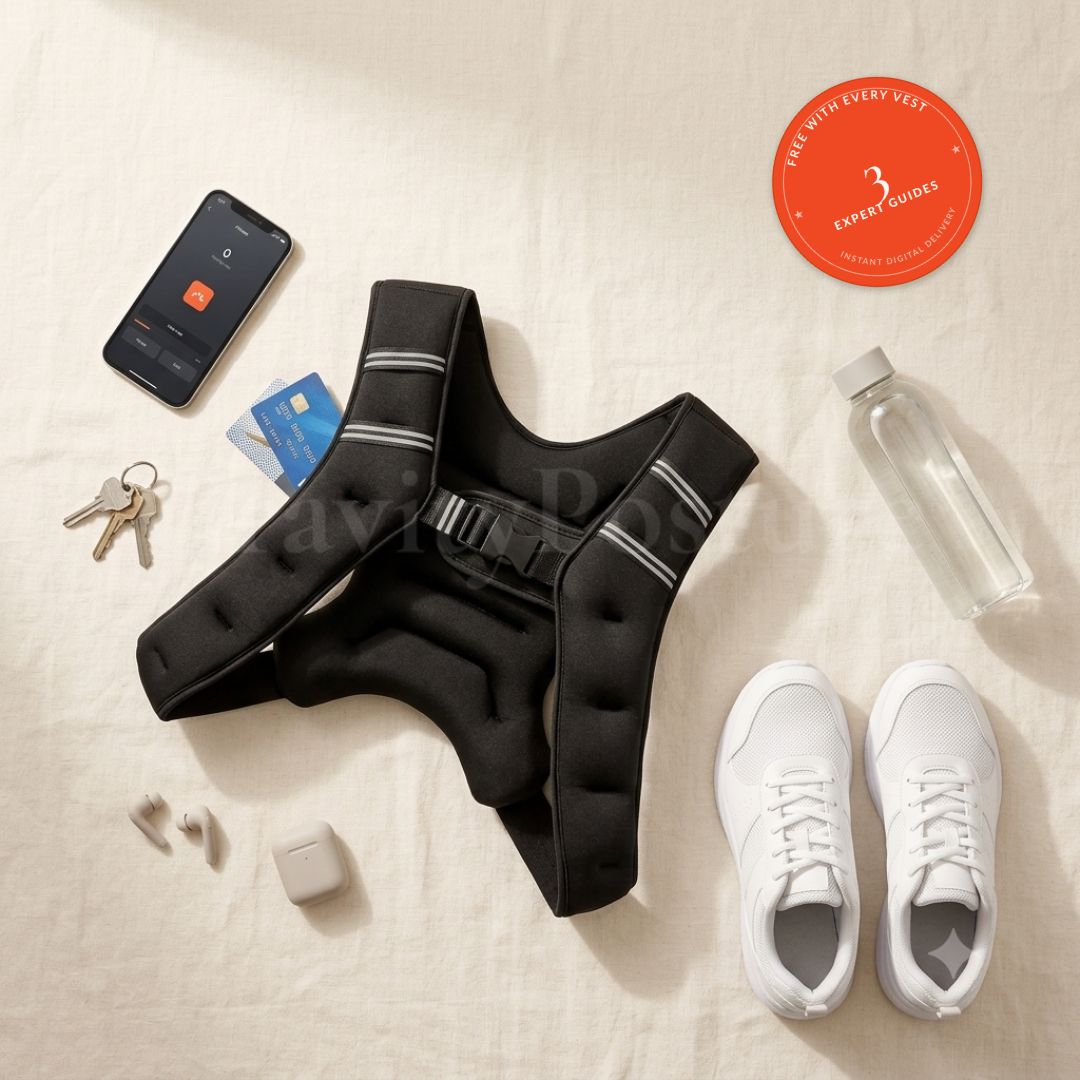 GravityPosture weighted walking vest flat lay with phone, keys, cards, water bottle and walking shoes