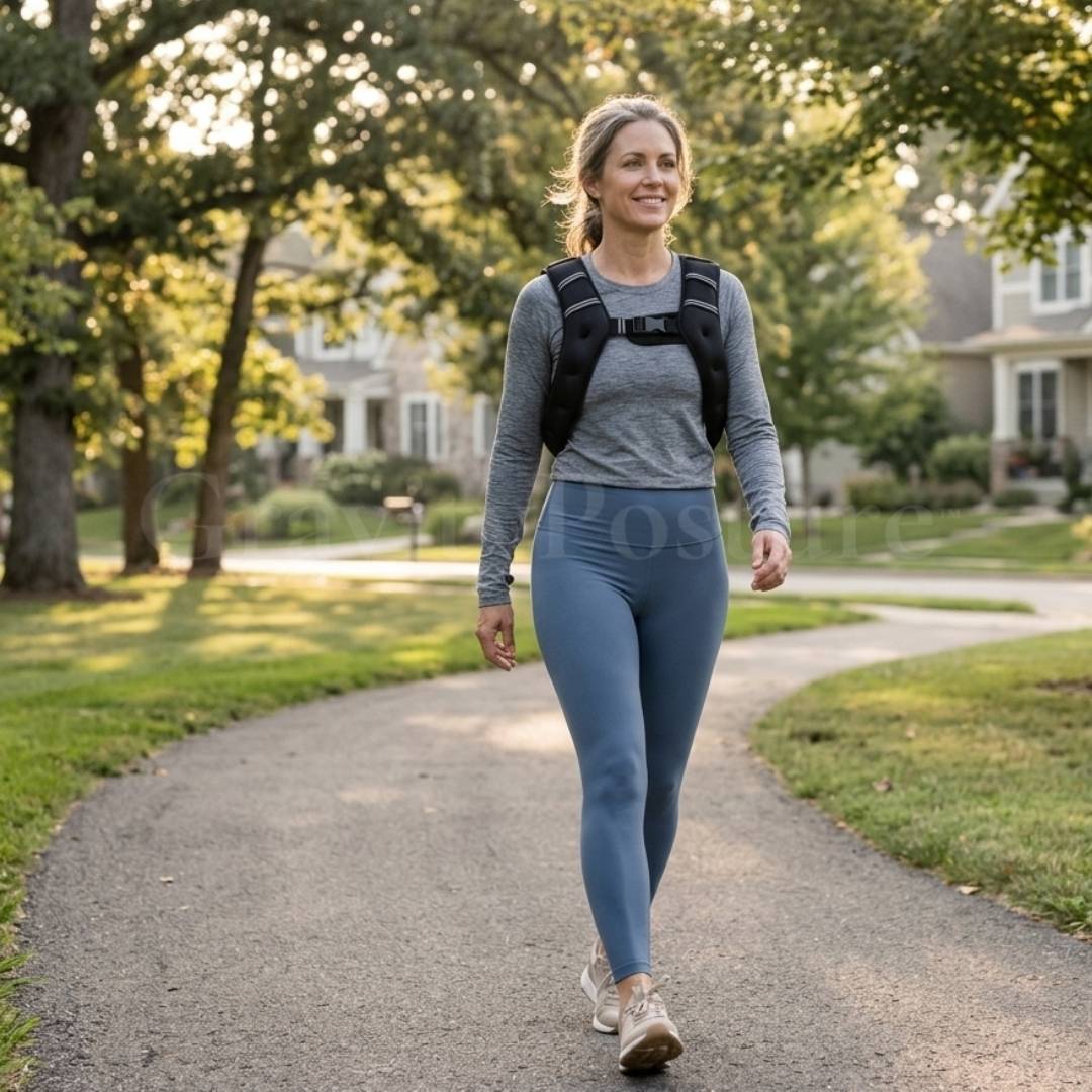 Woman wearing a weighted walking vest during a daily outdoor walk